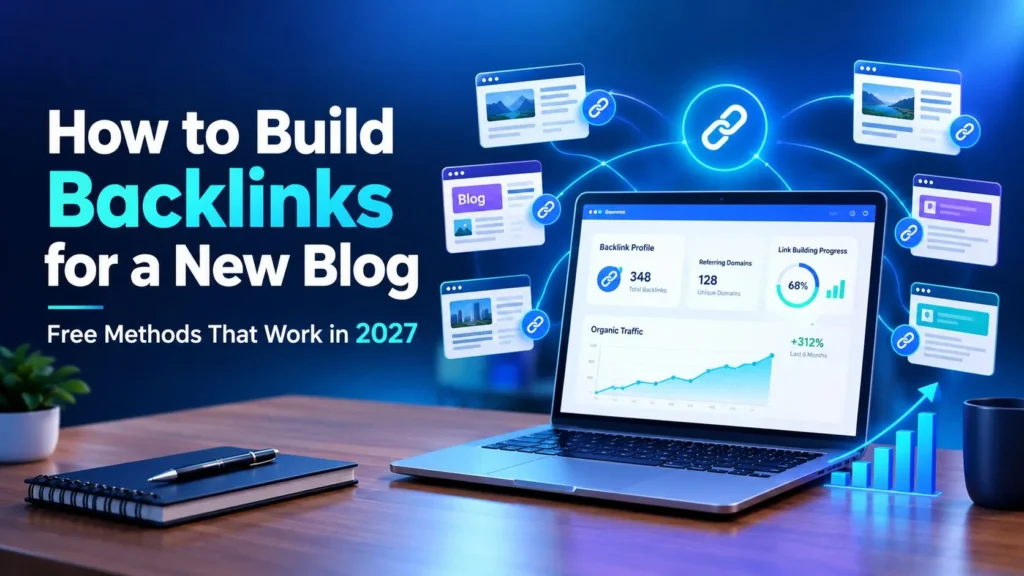 Laptop displaying an SEO backlink dashboard with website link-building graphics and organic traffic growth